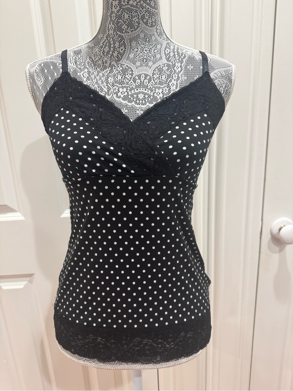 White House Black Market Polka Dot Lace Trim Camisole Black & White Sz. S